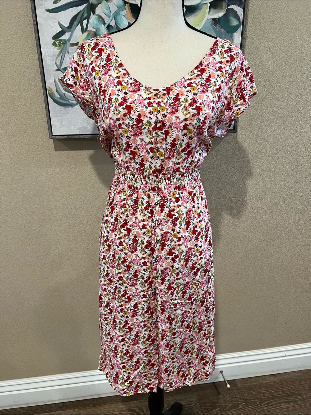 Floral Scoop-Neck Midi Dress with Smocked Waist in Pink